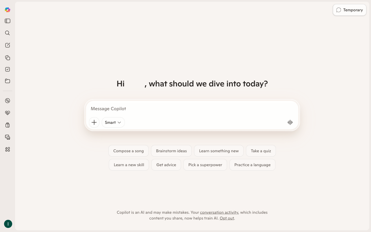 Microsoft Copilot UI screenshot, desktop, week of August 17, 2026