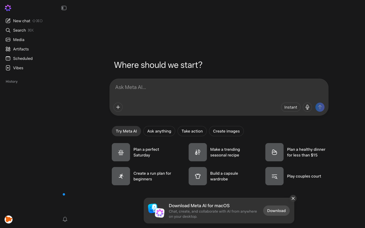 Meta AI UI screenshot, desktop, week of September 28, 2026