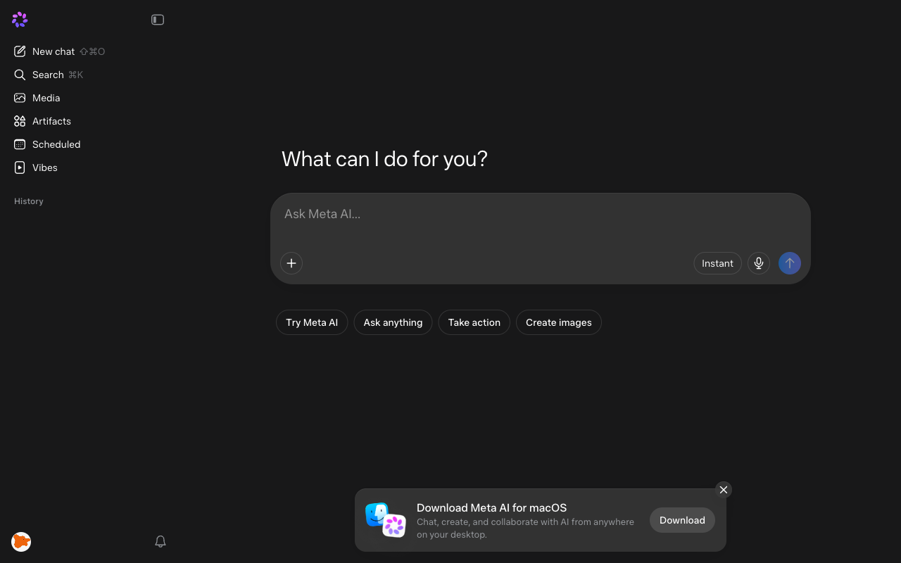 Meta AI UI screenshot, desktop, week of October 5, 2026